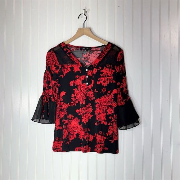 Adele & May Black Red Floral Sheer Bell Sleeve Romantic Goth Coquette Top S - Picture 1 of 8